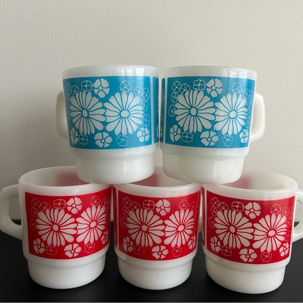 Fire King Anchor Hocking Red and Blue Floral Milk Glass Mug 1960's (Set of 5)